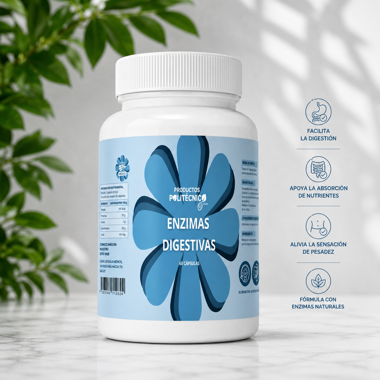 Enzimas Digestivas Bromelina Papaína 60 Cáps Digestión PRODUCTOS POLITÉCNICOS