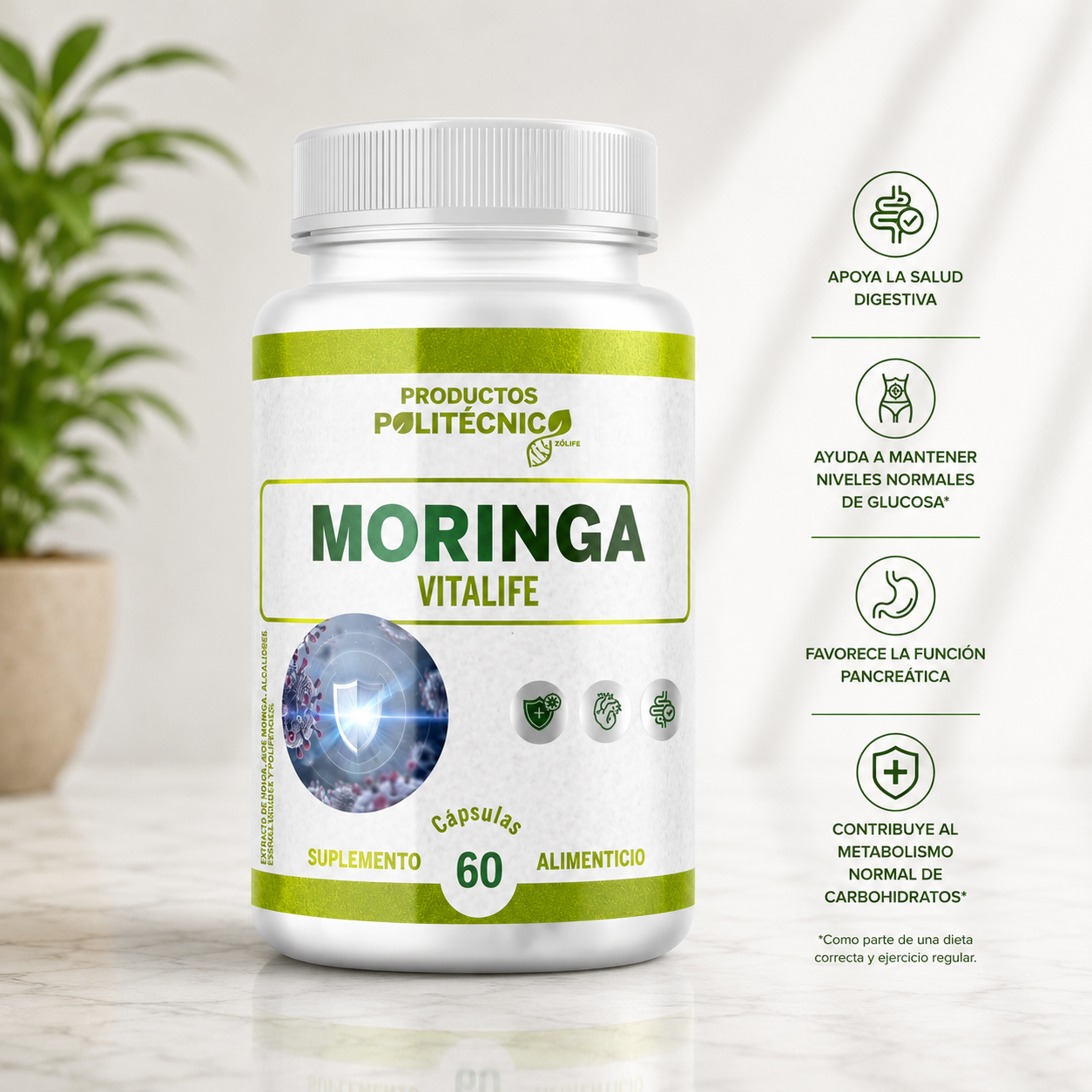 Moringa 100% Pura 60 Cápsulas Energía Defensas Antioxidante PRODUCTOS POLITÉCNICOS