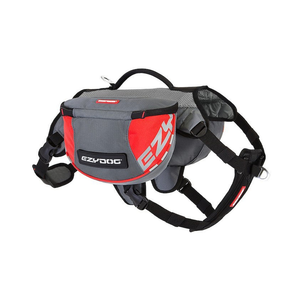 Mochila Summit Backpack EzyDog en rojo y gris, vista lateral con logo, alforjas laterales y correas ajustables con broches