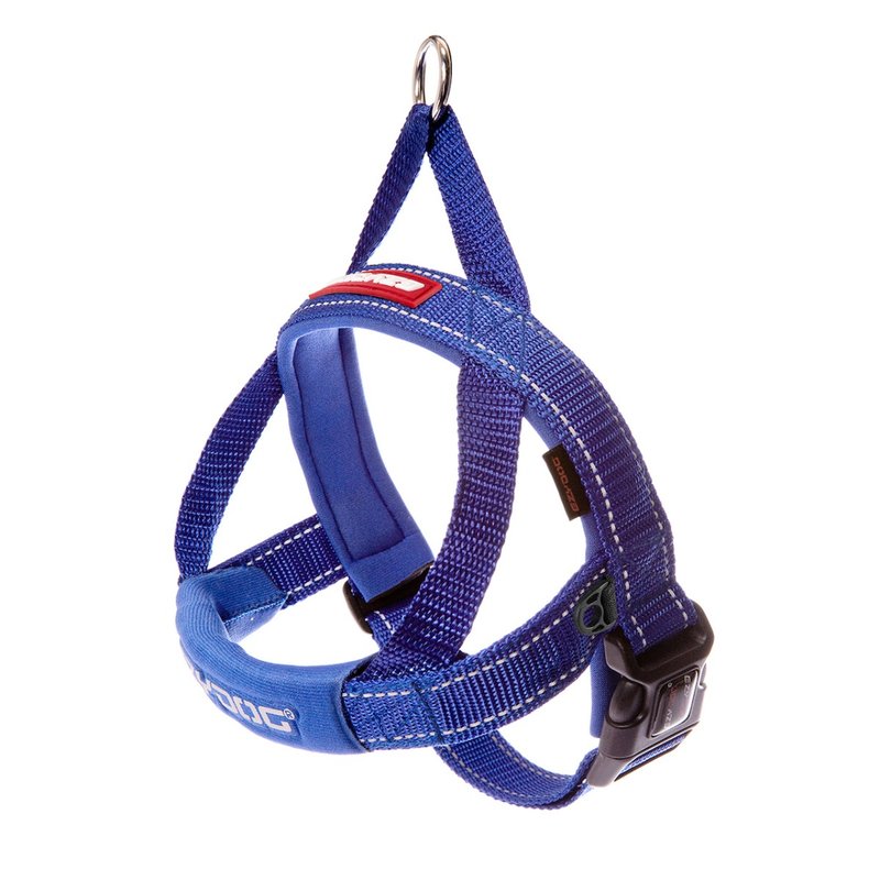 Arnés Quick Fit EzyDog azul talla XS con pechera acolchada, cintas reflejantes, hebilla negra y argolla superior, vista compl
