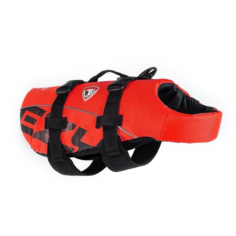 Chaleco salvavidas para perro EzyDog rojo con malla negra, vista lateral con asa superior y correas ajustables