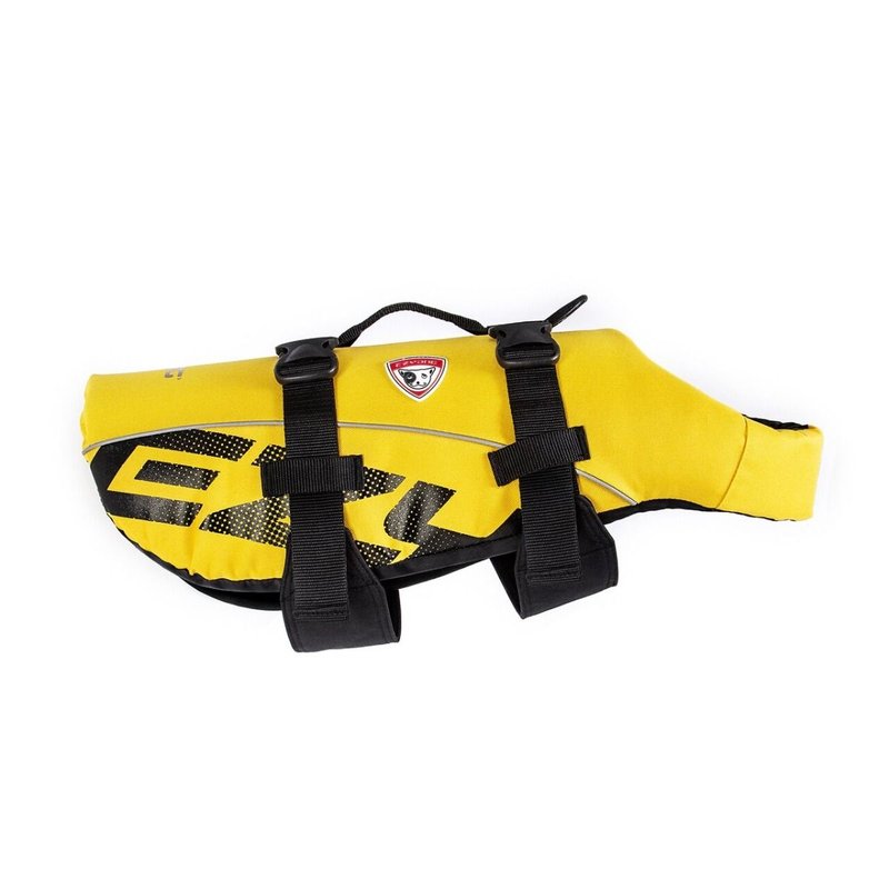 Chaleco salvavidas para perro EzyDog DFD amarillo, vista lateral con asa superior, correas negras y malla ventilada