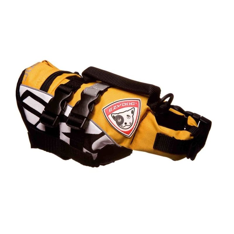 Chaleco flotador para perro EzyDog en amarillo con negro, vista lateral con asa superior, franjas reflejantes y logo bordado