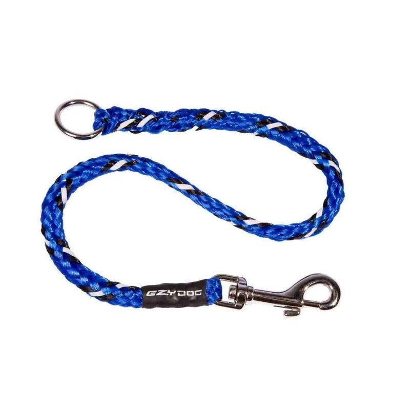 Extensión para correa de perro EzyDog en cuerda trenzada azul con blanco y negro, argolla y mosquetón metálico