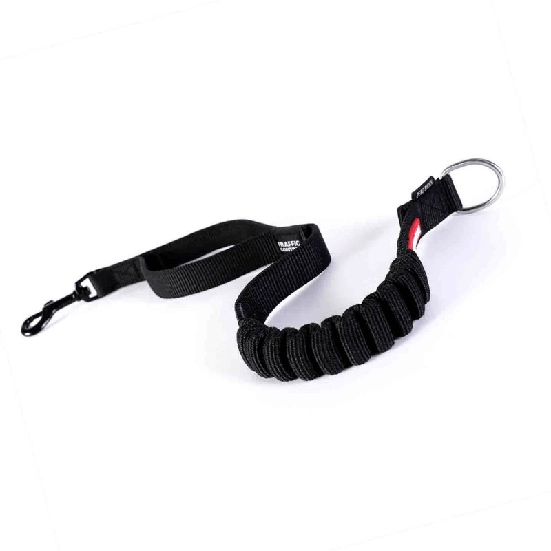 Extensión Zero Shock EzyDog negra extendida sobre fondo blanco, con mosquetón metálico, argolla y sección elástica plegada
