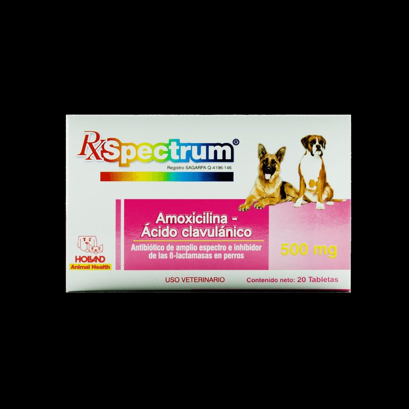 Caja rosa de Spectrum Amoxicilina-Ácido clavulánico 500 mg con 20 tabletas, marca Holland, con dos perros impresos al frente