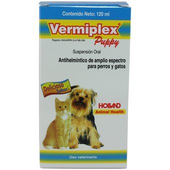 Caja de Vermiplex Puppy suspensión oral 120 ml de Holland, vista frontal con perrito y gatito impresos en la etiqueta amarill