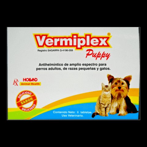 Caja amarilla de Vermiplex Puppy de Holland con 6 tabletas, vista frontal con imagen de un perrito y un gato Content or Body