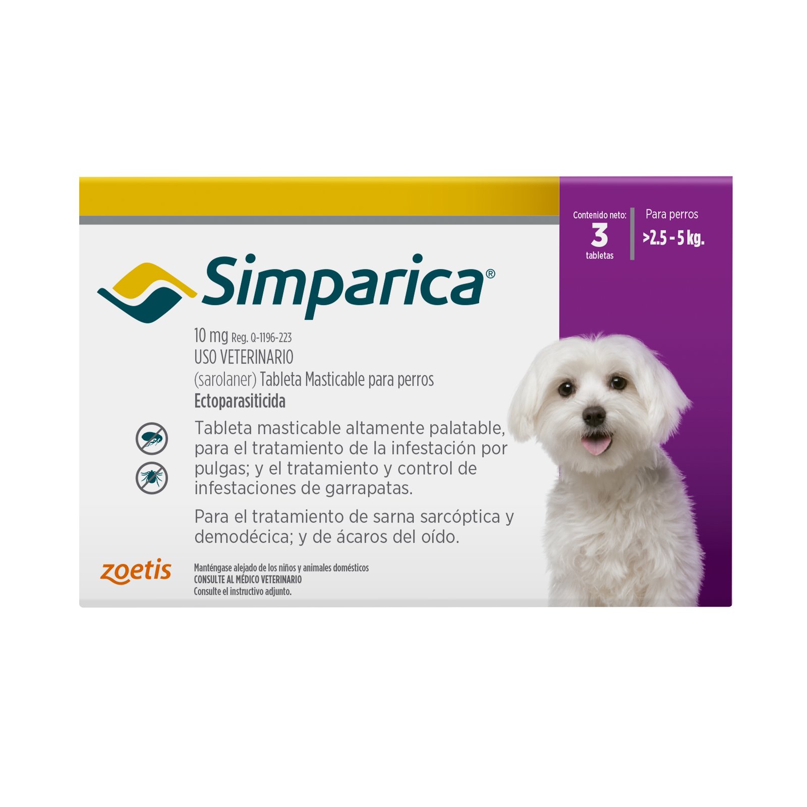 Simparica 10 mg. 2.5-5 kg. 3 tabs. ZOETIS — vista frontal