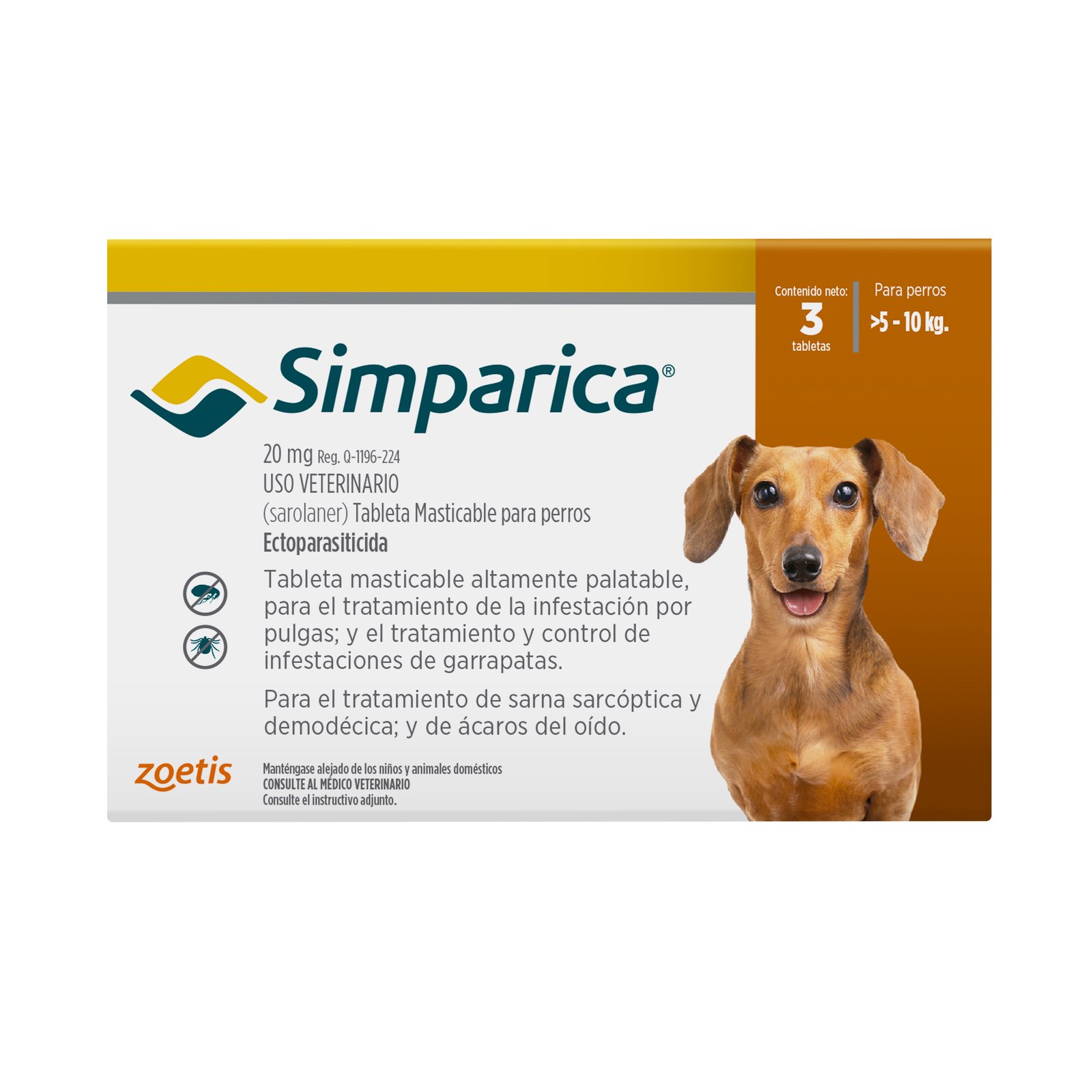 Simparica 20 mg. 5.1-10 kg 3 tabs. ZOETIS — vista frontal