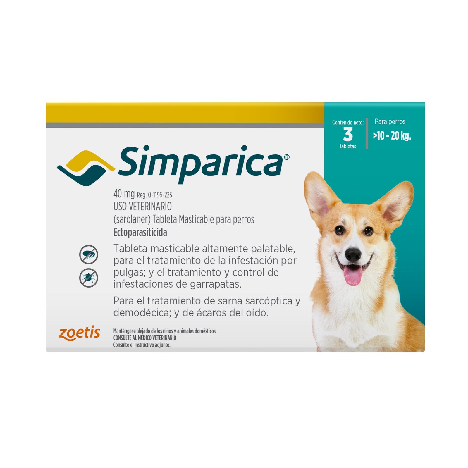 Simparica 40 mg. 10.1-20 kg 3 tabs. ZOETIS — vista frontal