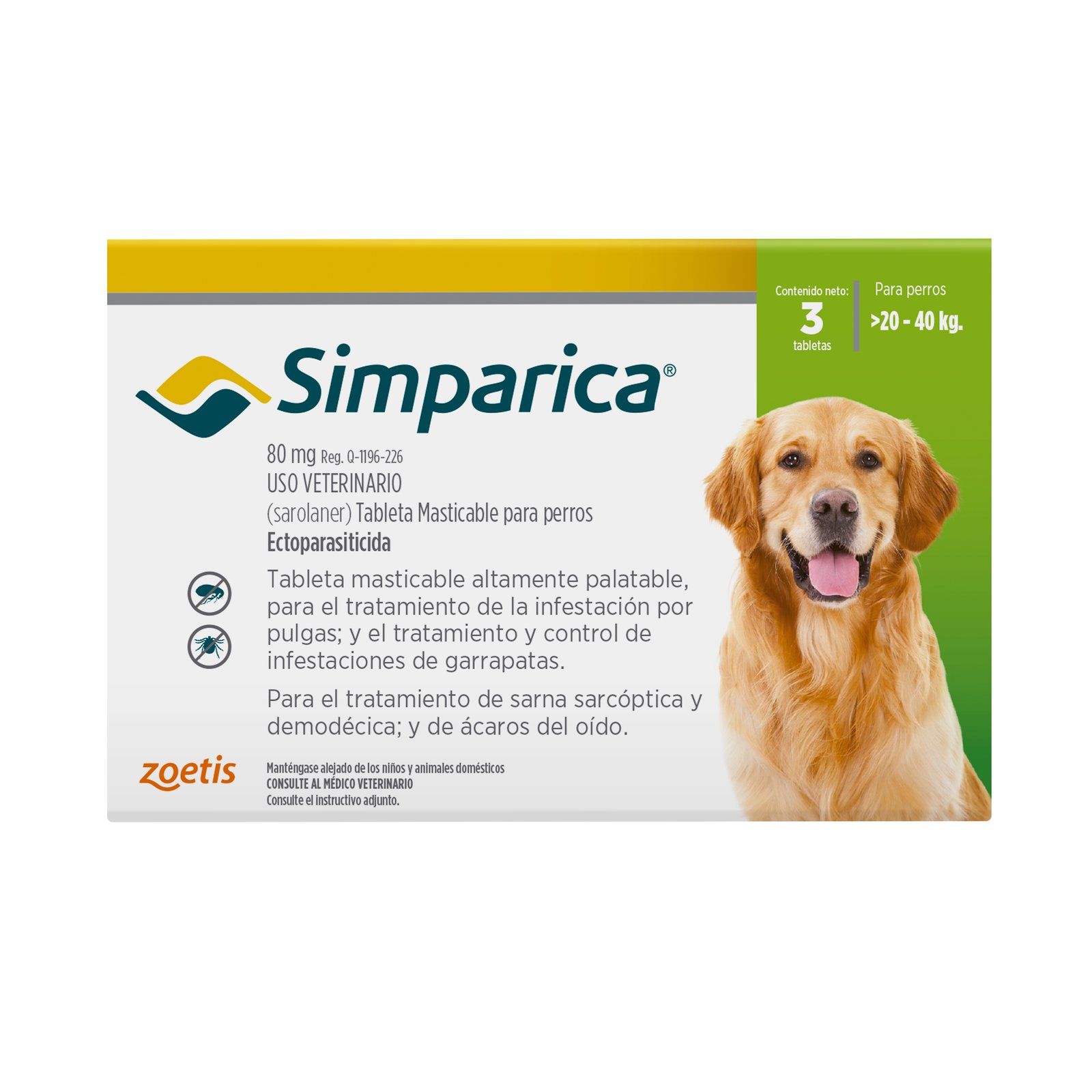Simparica 80 mg. 20.1-40 kg 3 tabs. ZOETIS — vista frontal