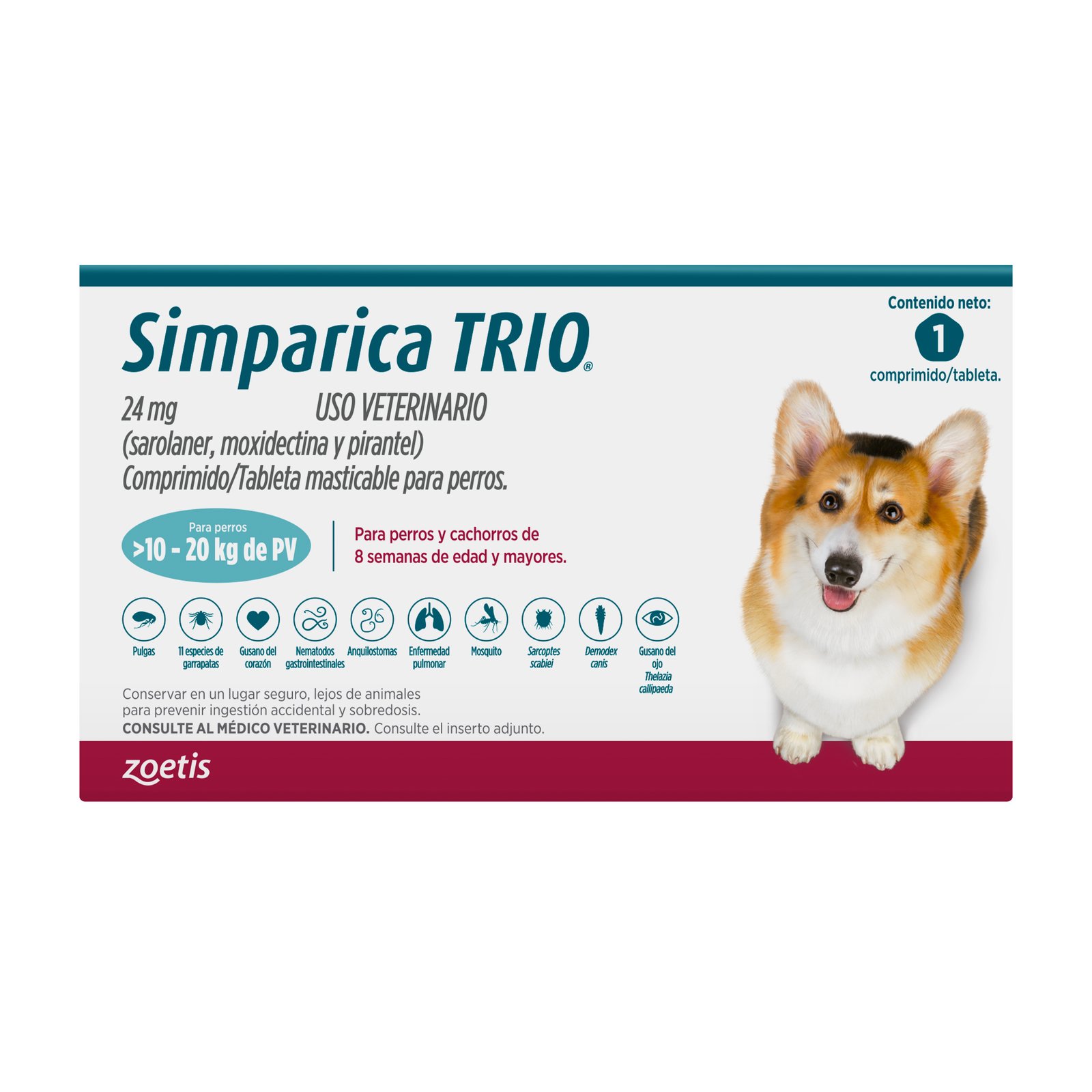 Simparica TRIO 24 mg 10.1 - 20 kg 1 tableta ZOETIS — vista frontal
