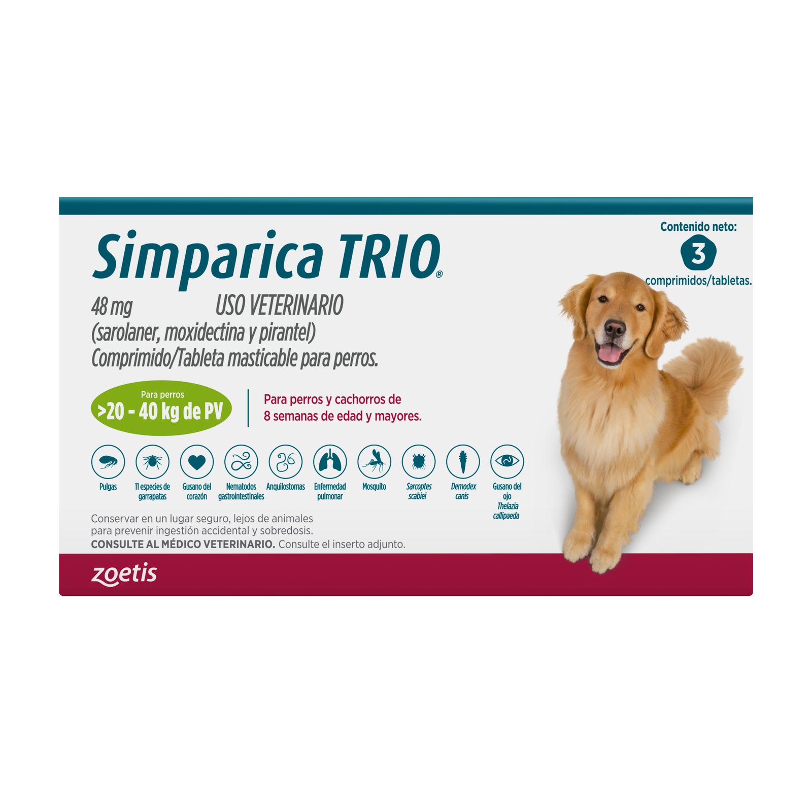 Simparica TRIO 48 mg 20.1 - 40 kg 3 tabletas ZOETIS — vista frontal