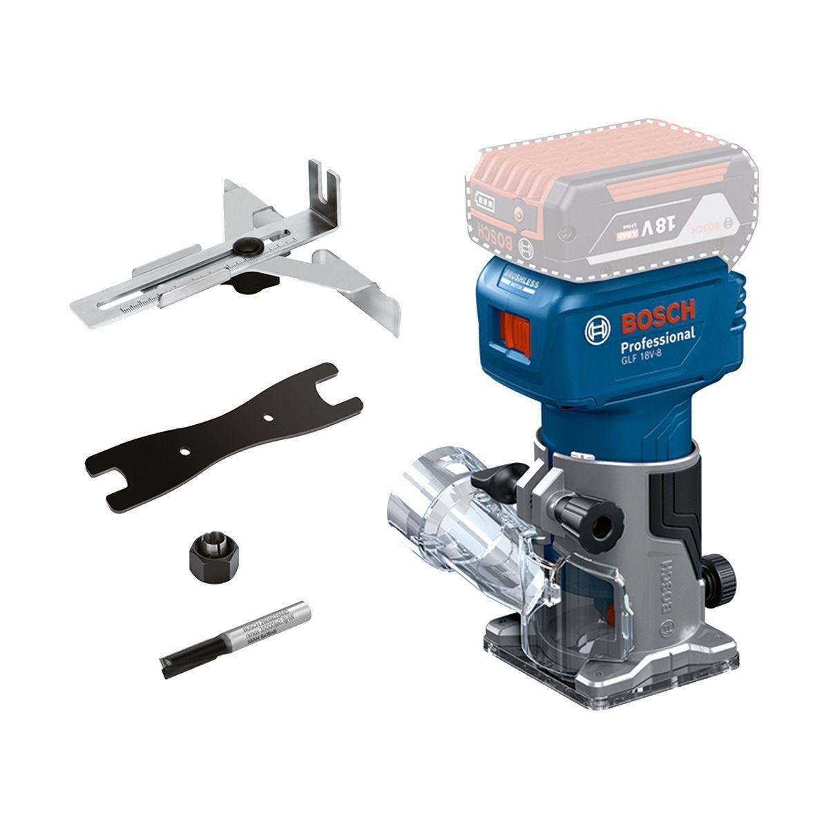Fresadora inalámbrica 18V con 1 fresa y 2 pinzas — BOSCH, foto oficial del fabricante