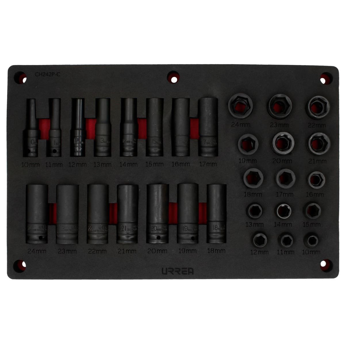 Juego de dados de impacto métricos, cuadro de 1/2", 30 piezas — URREA, foto oficial del fabricante