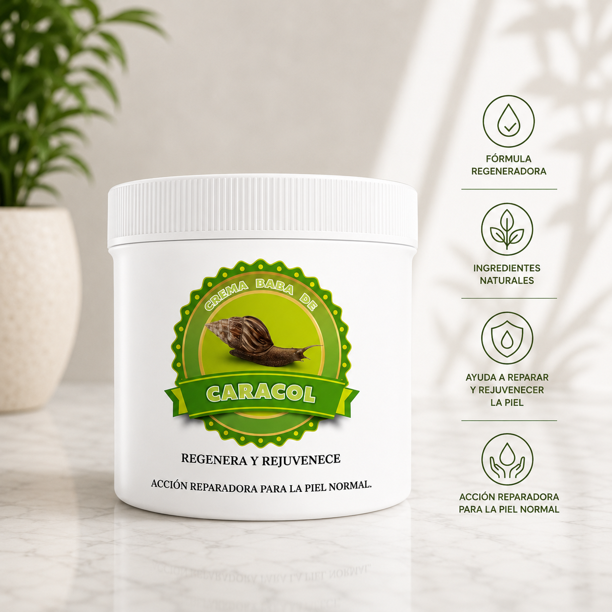 Crema de baba de caracol en tarro blanco con etiqueta verde, de frente junto a planta e iconos descriptivos