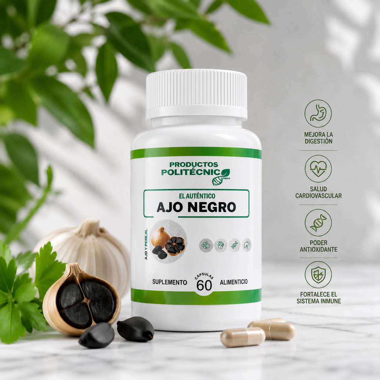 Ajo Negro Fermentado con Colágeno | Apoyo Cardiovascular y Antioxidante PRODUCTOS POLITÉCNICOS