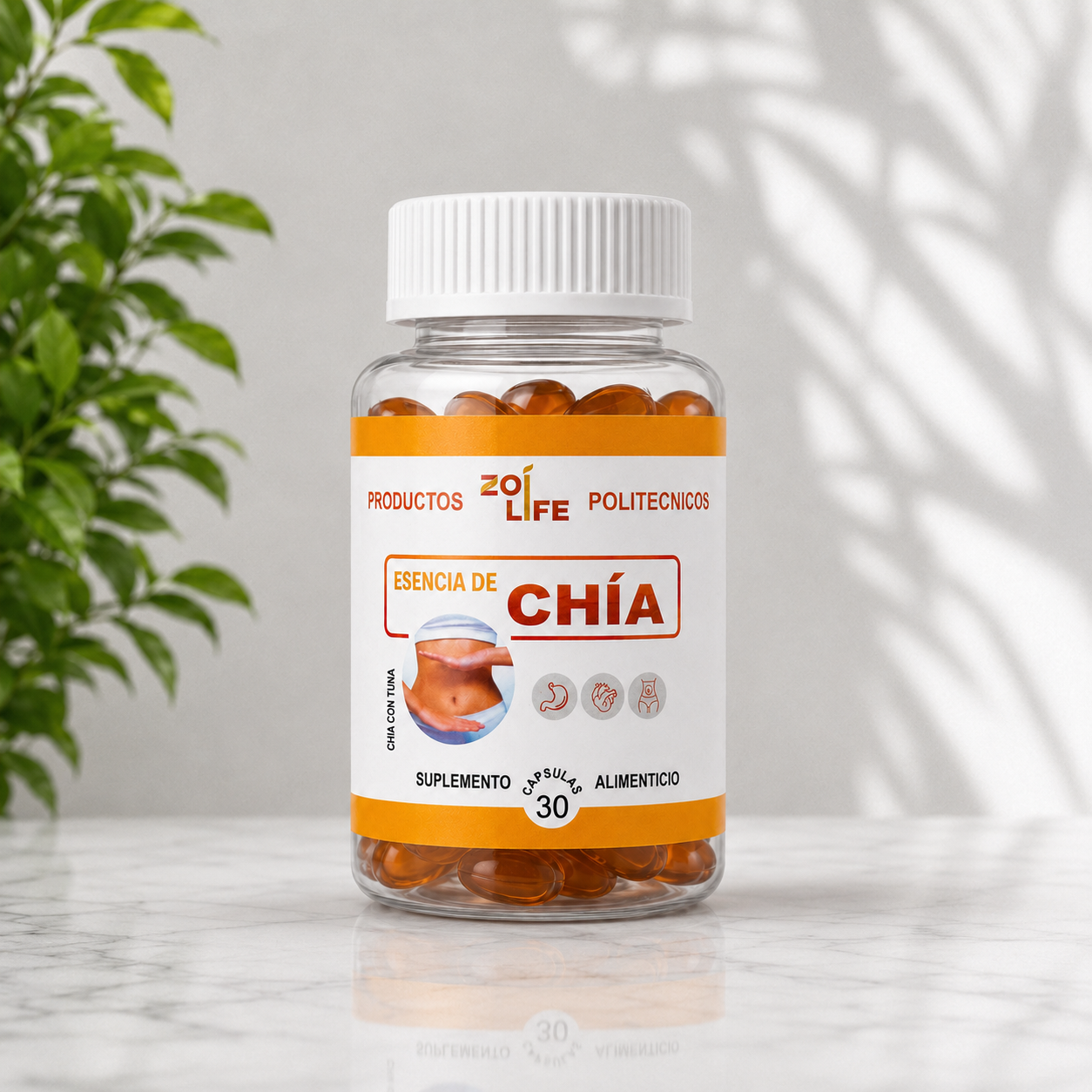 Frasco de Esencia de Chía Zoi Life con 30 cápsulas ámbar visibles, etiqueta naranja al frente, tapa blanca y planta al fondo